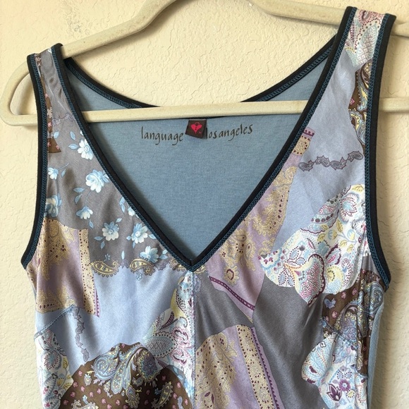 Y2K Silk Patchwork Print V-Neck Cowgirl Western Tank Top 90s Language Brand - Picture 2 of 9